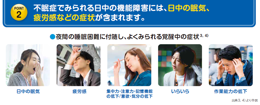 不眠症で見られる日中の機能障害には、日中の眠気、疲労感などの症状が含まれます。